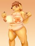  anthro areola belly big_breasts blush breasts brown_eyes brown_hair canine cute dog erect_nipples female fur hair hi_res mammal masak9 navel nipple_tape nipples nude orange_background pasties simple_background slightly_chubby solo tape tongue 