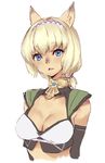  animal_ears arm_warmers bare_shoulders blonde_hair blue_eyes blush breasts cat_ears cleavage cleavage_cutout collarbone commentary_request crop_top eyebrows_visible_through_hair face final_fantasy final_fantasy_xi hairband kawata_hisashi looking_at_viewer medium_breasts mithra open_mouth short_hair short_ponytail simple_background smile solo upper_body white_background 