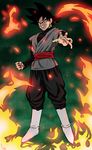  black_eyes black_hair boots chris_re5 clenched_hand dragon_ball dragon_ball_super earrings evil_grin evil_smile fire full_body gokuu_black grin highres jewelry male_focus signature smile solo turtleneck white_footwear 