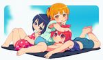  ass barefoot bike_shorts black_eyes black_hair blonde_hair brown_eyes dress hair_ribbon marui_futaba marui_hitoha marui_mitsuba mitsudomoe multiple_girls om_(nk2007) polka_dot red_eyes red_hair ribbon shorts siblings sisters tank_top two_side_up 