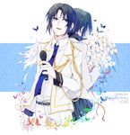  2016 back-to-back bad_id bad_pixiv_id bangs blue_hair blue_neckwear bug butterfly collared_shirt cowboy_shot dated dress_shirt flower happy_birthday holding holding_flower holding_microphone idolish_7 insect izumi_iori jacket long_sleeves male_focus microphone miharuko_(kopera) necktie open_mouth orchid pale_skin pants parted_bangs shirt sleeves_folded_up white_jacket white_pants white_shirt wing_collar 