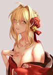  ahoge bare_shoulders blonde_hair breasts cleavage collarbone fate/extella fate/extra fate_(series) flower green_eyes grey_background hair_between_eyes hair_flower hair_ornament hand_on_breast hand_on_own_chest jacky5493 japanese_clothes kimono looking_at_viewer medium_breasts nero_claudius_(fate) nero_claudius_(fate)_(all) no_bra off_shoulder open_clothes open_kimono parted_lips pink_lips red_flower red_rose rose short_hair simple_background solo upper_body yellow_flower yellow_rose 