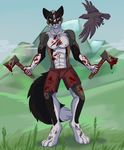  abs anthro avian axe bird blood clothed clothing corvid crow fangs feline jewelry kellwolfik male mammal melee_weapon navel necklace nipples outside smile solo standing teeth topless weapon 