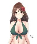  amagi_(kantai_collection) arms_at_sides bare_shoulders breasts brown_eyes brown_hair cleavage eyebrows eyebrows_visible_through_hair flower hair_between_eyes hair_flower hair_ornament halter_top halterneck hayabusa hibiscus highres kantai_collection large_breasts light_smile lips long_hair looking_at_viewer mole mole_under_eye navel ponytail solo stomach upper_body 