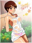  arms_behind_back breasts brown_eyes brown_hair character_name checkered checkered_panties covered_nipples dark_skin light_smile medium_breasts nipples no_bra official_art panties see-through solo super_real_mahjong tanaka_ryou toono_mizuki underwear wet wet_clothes 