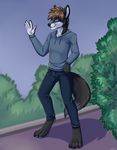  anthro canine clothed clothing kellwolfik male mammal outside smile solo standing 