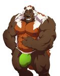  abs anthro belly biceps big_biceps black_nose brown_eyes brown_fur brown_hair clenched_teeth clothed clothing fangs front_view fur hair hairy hand_on_hip hand_on_stomach hi_res looking_at_viewer male mammal manly mature_male muscular muscular_male mustelid nipples pecs pose scar simple_background smile solo standing taoren teeth thong topless underwear white_fur white_hair wolverine 