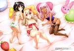  :d absurdres ass ass_cutout babydoll bad_anatomy barefoot bed_sheet black_hair bow bra bracelet brown_legwear chloe_von_einzbern d: dark_skin fate/kaleid_liner_prisma_illya fate_(series) food_themed_ornament frilled_pillow frills hair_bow hand_on_own_chest hand_on_own_stomach heart heart_cutout heart_pillow highres illyasviel_von_einzbern jewelry lingerie long_hair long_legs looking_at_viewer megami miyu_edelfelt multiple_girls no_shoes official_art open_mouth panties pillow pink_hair satou_kaori side-tie_panties side_ponytail smile thighhighs underwear white_hair 