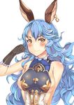  absurdres animal_ears bare_shoulders black_gloves blue_hair blush breasts erune ferry_(granblue_fantasy) gloves granblue_fantasy highres jewelry large_breasts long_hair looking_at_viewer pm_tii_(matuko1024) sideboob single_earring smile solo yellow_eyes 
