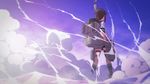  black_hair blue_sky boko_(maniacpurple) cannon cloud fubuki_(kantai_collection) highres kantai_collection low_ponytail machinery pleated_skirt ponytail school_uniform serafuku short_ponytail sidelocks skirt sky smoke solo turret 