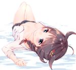  ahoge bangs bed_sheet black_skirt blurry braid breasts brown_hair closed_mouth covered_nipples depth_of_field eyebrows eyebrows_visible_through_hair from_above full_body hair_flaps hair_ornament hair_ribbon highres kantai_collection knees_up long_hair long_sleeves looking_at_viewer lying manatsuki_manata medium_breasts miniskirt navel on_back on_bed open_clothes pleated_skirt red_ribbon remodel_(kantai_collection) ribbon shigure_(kantai_collection) single_braid skirt smile solo stomach thigh_gap white_background 