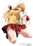  absurdres blonde_hair blue_eyes copyright_name fingerless_gloves gloves gotou_junji hair_between_eyes highres ikkitousen long_hair official_art pleated_skirt red_gloves red_skirt school_uniform simple_background skirt solo sonsaku_hakufu sweater_vest white_background 