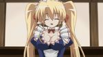  animated animated_gif blonde_hair bouncing_breasts bow breasts cleavage eyes_closed hair_bow headdress large_breasts lizlett_l_chelsie long_hair maid omamori_himari solo twintails waitress 