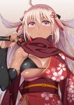  1girl ahoge alternate_costume bangs bare_shoulders bikini black_bikini blonde_hair breasts cleavage closed_mouth commentary_request dark_skin detached_sleeves eyebrows_visible_through_hair fate/grand_order fate_(series) floral_print gradient gradient_background hair_ribbon hand_up holding holding_sword holding_weapon japanese_clothes kimono large_breasts long_hair long_sleeves looking_at_viewer obi off_shoulder okita_souji_(alter)_(fate) okita_souji_(fate)_(all) ono_misao open_clothes open_kimono purple_eyes purple_scarf red_kimono ribbon sash scarf skindentation smile solo string_bikini swimsuit sword tassel upper_body weapon yukata 