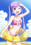  ;d absurdres artist_request beach bikini blush cloud collarbone contrapposto cowboy_shot day flat_chest flower hair_flower hair_ornament halterneck head_tilt highres innertube long_hair navel new_game! non-web_source nyantype ocean official_art one_eye_closed open_mouth outdoors purple_eyes purple_hair sky smile solo standing suzukaze_aoba swimsuit twintails very_long_hair water 