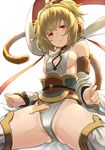  andira_(granblue_fantasy) animal_ears bare_shoulders blonde_hair breasts cleavage_cutout closed_mouth detached_sleeves erune granblue_fantasy hairband looking_at_viewer monkey_ears monkey_tail partially_visible_vulva red_eyes robo8 sash shawl sideboob simple_background small_breasts smile solo spread_legs tail white_background white_legwear wide_sleeves 