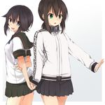  :d :o black_hair blush brown_hair collar cosplay costume_switch fubuki_(kantai_collection) fubuki_(kantai_collection)_(cosplay) gradient gradient_background green_eyes grid_background hayasui_(kantai_collection) hayasui_(kantai_collection)_(cosplay) highres jacket kantai_collection long_sleeves look-alike low_ponytail miniskirt multiple_girls myuto_(advent_retribution) neckerchief open_mouth pleated_skirt ponytail purple_eyes remodel_(kantai_collection) sailor_collar school_uniform serafuku shirt short_hair sidelocks skirt smile track_jacket upper_body v zipper 