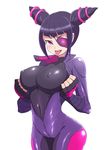  biker_clothes bikesuit black_shirt bodysuit breasts covered_nipples drill_hair eyepatch han_juri highres huge_breasts konboi-eg looking_at_viewer print_eyepatch purple_bodysuit purple_eyes purple_hair shirt solo street_fighter street_fighter_v tongue tongue_out twin_drills upper_body 