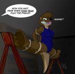  anthro bdsm bondage bound breasts clothing crying english_text feet female gag gagged hair herseio jedader mammal mustelid otter rage rope solo speech_bubble split spread_legs spreading swimsuit tears text 