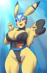  2014 anthro anthrofied big_breasts blue_eyes breasts camel_toe clothing cosplay_pikachu cute directional_arrow edit female fur hi_res liveforthefunk looking_at_viewer luchador mammal nintendo nipple_bulge one_eye_closed open_mouth pikachu pikachu_libre pok&eacute;mon pok&eacute;morph rodent shopped solo standing tongue video_games voluptuous wide_hips wink wrestler yellow_fur 