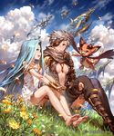  2girls :d ahoge airship bangs bare_shoulders barefoot blue_eyes blue_hair blush boots breasts brown_eyes brown_gloves brown_hair brown_legwear character_request closed_mouth cloud collarbone company_name creature dress eyepatch fangs fingerless_gloves flower frown gloves granblue_fantasy grass highres jewelry lyria_(granblue_fantasy) multiple_girls necklace okada_manabi open_mouth outdoors short_hair sitting sky sleeveless sleeveless_dress smile swept_bangs tanya_(granblue_fantasy) thigh_boots thighhighs watermark white_dress 