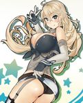  ass black_panties blonde_hair breasts cleavage elbow_gloves eyebrows_visible_through_hair fingerless_gloves flat_ass front-tie_top garter_straps gloves grey_eyes iowa_(kantai_collection) kantai_collection large_breasts long_hair miniskirt panties pantyshot pinero skirt solo star star-shaped_pupils striped striped_legwear symbol-shaped_pupils thighhighs underwear vertical-striped_legwear vertical-striped_skirt vertical_stripes 