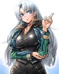  amania_orz blue_eyes breasts calvina_coulange choker cleavage huge_breasts jacket jewelry long_hair necklace silver_hair solo super_robot_wars super_robot_wars_judgement super_robot_wars_og_moon_dwellers 