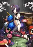  alcohol barefoot barefoot_sandals bob_cut boots breasts cup fang fate/grand_order fate_(series) highres horns japanese_clothes jewelry kimono looking_at_viewer nagihana navel off_shoulder oni oni_horns open_mouth petals purple_eyes purple_hair revealing_clothes sakazuki sake short_hair shuten_douji_(fate/grand_order) sideboob simple_background small_breasts smile solo thigh_boots thighhighs 
