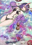  :d breasts cup fang fate/grand_order fate_(series) floating gem gourd horns japanese_clothes kimono navel off_shoulder oni open_clothes open_kimono open_mouth purple_eyes purple_hair rano sakazuki shuten_douji_(fate/grand_order) small_breasts smile solo tray water 