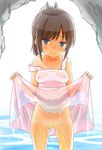  1girl blush dress_lift erect_nipples female i-401_(kantai_collection) kannagi_tsukasa kantai_collection looking_at_viewer naughty_face no_panties pussy pussy_juice short_hair small_breasts solo tanline uncensored wet 