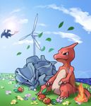  artist_request charizard charmeleon fire leaves no_humans pokemon rhyhorn sitting water wind_turbine 