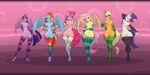  2016 absurd_res anthro anthrofied applejack_(mlp) areola armpits blonde_hair blue_feathers blush breasts clothed clothing cutie_mark earth_pony equine eyes_closed eyeshadow feathered_wings feathers female fluttershy_(mlp) freckles friendship_is_magic group hair hi_res horn horse legwear long_hair looking_at_viewer makeup mammal multicolored_hair my_little_pony navel nipples pegasus pink_hair pinkie_pie_(mlp) pony purple_feathers purple_hair pussy rainbow_dash_(mlp) rainbow_hair rarity_(mlp) smile sparkler99 striped_legwear stripes thigh_highs twilight_sparkle_(mlp) unicorn wings yellow_feathers 
