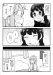  +++ 0_0 2girls absurdres bangs blush bow clover coat_rack comic cup curtains drinking_glass eyes_closed greyscale hair_bow hair_ornament hairclip highres higuchi_kaede long_hair looking_at_another michiyon mole mole_under_eye monochrome multiple_girls nijisanji open_mouth page_number ponytail sweat table translation_request tsukino_mito upper_body window 