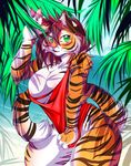  2013 anthro beach big_breasts black_fur breasts brown_hair claws cleavage clothed clothing fangs feline female fur green_eyes hair inuki looking_at_viewer mammal nipples orange_fur outside pawpads paws pink_nose seaside shirt short_hair smile solo striped_fur stripes teeth thick_thighs tiger tree voluptuous water white_fur wide_hips 