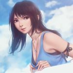  1girl bangs black_hair black_ribbon blue_sky blurry blurry_background breasts brown_eyes closed_mouth day final_fantasy final_fantasy_viii highres jewelry leaning_forward lips long_hair looking_at_viewer medium_breasts miura-n315 necklace ribbon rinoa_heartilly sky smile solo upper_body 