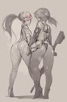  ass crossover from_behind greyscale gun head_mounted_display highres looking_back metal_gear_(series) metal_gear_solid_v monochrome multiple_girls norasuko overwatch pantyhose power_connection quiet_(metal_gear) rifle sketch sniper_rifle torn_clothes torn_legwear weapon widowmaker_(overwatch) 