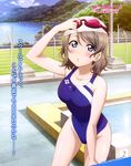  absurdres artist_request bare_shoulders blue_eyes breasts brown_hair competition_swimsuit goggles goggles_on_head highres large_breasts love_live! love_live!_sunshine!! official_art one-piece_swimsuit poolside short_hair solo swim_cap swimsuit translated watanabe_you 