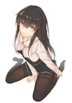  absurdres asashio_(kantai_collection) between_legs black_hair black_legwear blouse blue_eyes dress foodtoyc from_above full_body hair_between_eyes hand_between_legs hand_on_ankle hand_on_leg highres kantai_collection long_hair looking_at_viewer pinafore_dress pleated_dress remodel_(kantai_collection) school_uniform sitting smile solo white_background white_blouse 