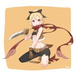  ankle_ribbon asymmetrical_clothes bad_id bad_pixiv_id bangs belt belt_buckle black_bow blonde_hair blush border bow braid breasts brown_footwear brown_gloves buckle character_name covered_nipples cropped_jacket cross-laced_clothes fang felt_(re:zero) full_body fur_trim gloves hair_bow holding holding_sword holding_weapon kneeling looking_at_viewer midriff navel nukomasu open_mouth orange_background outside_border re:zero_kara_hajimeru_isekai_seikatsu red_eyes red_scarf ribbon scabbard scarf sheath shoes short_hair short_sword simple_background sleeveless small_breasts solo stitches stomach strapless sword torn_scarf tubetop underboob unsheathed weapon white_border 