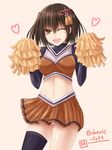  ;d alternate_costume asymmetrical_legwear bangs breasts brown_eyes brown_hair cheerleader commentary_request crop_top eyebrows eyebrows_visible_through_hair haura_akitoshi heart kantai_collection medium_breasts midriff miniskirt navel one_eye_closed open_mouth pink_background pleated_skirt pom_poms sendai_(kantai_collection) short_hair simple_background single_thighhigh skirt smile solo thighhighs twitter_username 