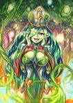  :d armadel_(p&amp;d) belt breasts chain_belt cleavage dashinoya dress eyelashes fire flower_eyepatch forest gem green_skin hair_over_one_eye hands_on_own_face hat keyhole long_hair magic_circle medium_breasts nature open_mouth plant plant_girl pointy_ears purple_eyes puzzle_&amp;_dragons smile solo very_long_hair vines wheat wide_sleeves 