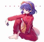  ainy77 bad_id bad_pixiv_id bangs barefoot chips contemporary controller food food_in_mouth full_body hair_ornament leaf_hair_ornament mouth_hold pants potato_chips purple_hair red_eyes remote_control short_hair solo sportswear touhou track_pants track_suit yasaka_kanako zipper 