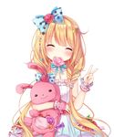  ^_^ amashiro_natsuki bow braid candy carrying closed_eyes commentary_request dress facing_viewer food futaba_anzu hair_bow hair_ornament highres idolmaster idolmaster_cinderella_girls lollipop long_hair low_twintails mouth_hold smile solo stuffed_animal stuffed_bunny stuffed_toy twin_braids twintails v white_dress 