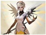  blonde_hair blue_eyes bodysuit breasts cowboy_shot eyelashes frostce gloves high_ponytail highres holding holding_staff lips looking_at_viewer mechanical_halo mechanical_wings medium_breasts mercy_(overwatch) nose outstretched_hand overwatch pantyhose parted_lips ponytail solo staff wings yellow_wings 