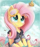  arthropod bee bugplayer butterfly clothing cloud cutie_mark cyan_eyes day equine eyewear female fluttershy_(mlp) friendship_is_magic fur goggles grass hair hoodie insect long_hair mammal my_little_pony outside pegasus pink_hair sitting smile solo teeth wings yellow_fur 