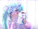  bad_id bad_pixiv_id blue_eyes blue_hair bottle dopodozo hair_between_eyes hatsune_miku head_tilt holding holding_bottle long_hair pink_sweater solo sweater twintails upper_body vocaloid 