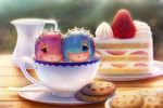  artist_name blue_eyes blue_hair cake chibi chocolate_chip_cookie commentary cookie cup english_commentary food fruit hair_ornament hair_over_one_eye in_container in_cup looking_at_viewer maid_headdress minigirl multiple_girls narongdej_watcharapasorn open_mouth pink_hair plate ram_(re:zero) re:zero_kara_hajimeru_isekai_seikatsu red_eyes rem_(re:zero) siblings sisters slice_of_cake spoon strawberry strawberry_shortcake sun_flare table teacup twins 