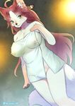  anthro big_breasts black_nose bottomless breasts canine clothed clothing dutch_angle female fluffy fluffy_tail fox fur green_eyes hair kemono kiichi long_hair looking_at_viewer mammal nipples paws red_hair solo standing towel translucent transparent_clothing whiskers white_fur 