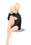  barefoot black_sweater blonde_hair blue_eyes breasts casual citadeloli cleavage cleavage_cutout deviantart_sample dress eyelashes hair_ornament hair_tie hand_to_head image_sample large_breasts leg_up legs long_hair looking_at_viewer meme_attire mercy_(overwatch) open-chest_sweater overwatch ponytail ribbed_sweater short_hair sitting solo sweater sweater_dress turtleneck 