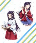  black_hair bottle brown_eyes dual_persona flute hiememiko high_school_fleet highres instrument japanese_clothes long_hair marikouji_kaede miko multiple_girls one_side_up school_uniform serafuku shawl yokosuka_girls_marine_high_school_uniform 